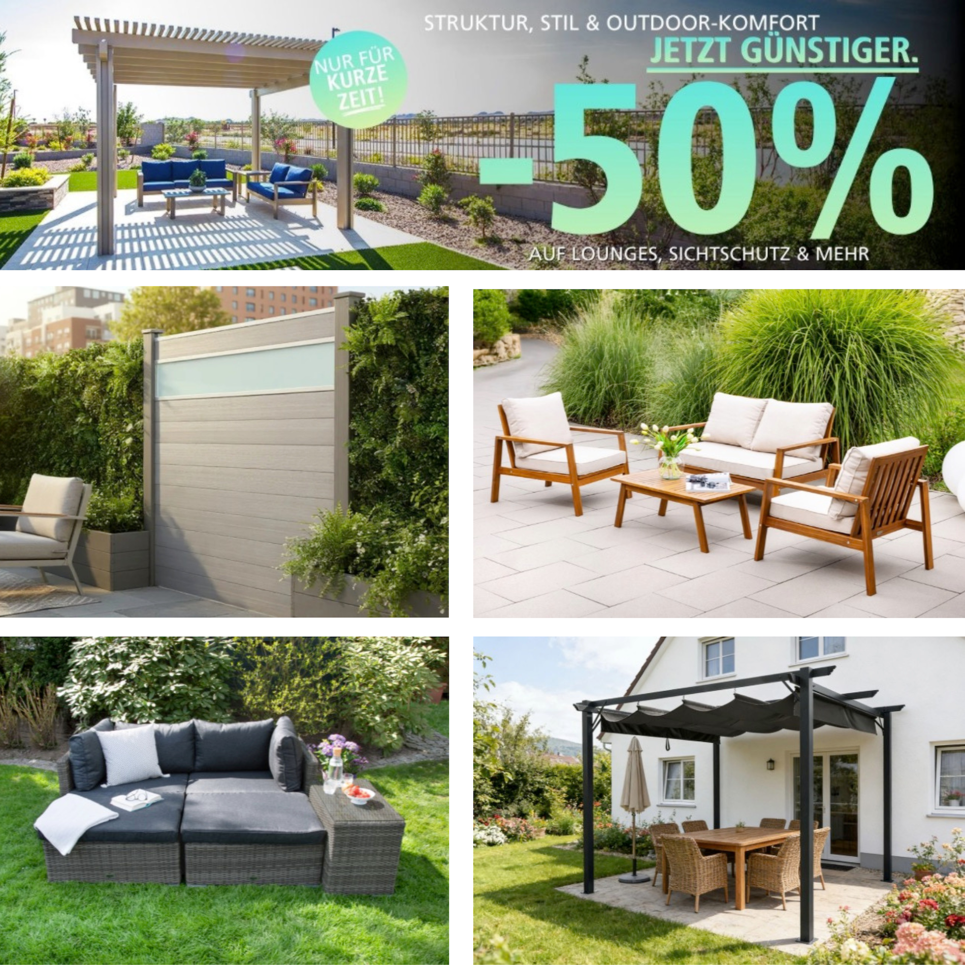 Garten-Angebote | WPC-Sichtschutz 105,45 € inkl. VSK | Alu-Pergola 3×3 m 210,45 € | 11-tlg. Akazienholz-Sitzgruppe 210,45 €