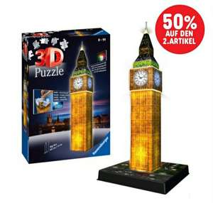 [50% auf 2. Artikel Aktion] Ravensburger 3D Puzzle Night Edition: Big Ben bei Nacht, 216 Teile