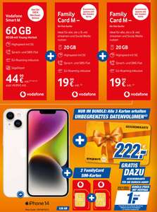 Lokal, Expert bundesweit: 3 x Vodafone Allnet/SMS Flat Unbegrenzt 5G Daten 84,97€/Monat & iPhone 14 & 100€ RNM & 222€ Gutschein