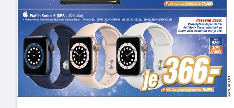(Lokal Expert Klein) Apple Watch Series 6 Cellular 40 und 44mm in 3 Farben zum gleichen Preis