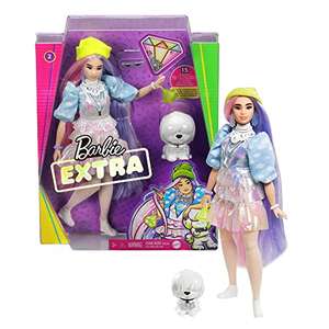 Barbie GVR05 - Extra Puppe, schimmernder Look mit Hündchen, pinken und lila Fantasiehaaren (Prime)
