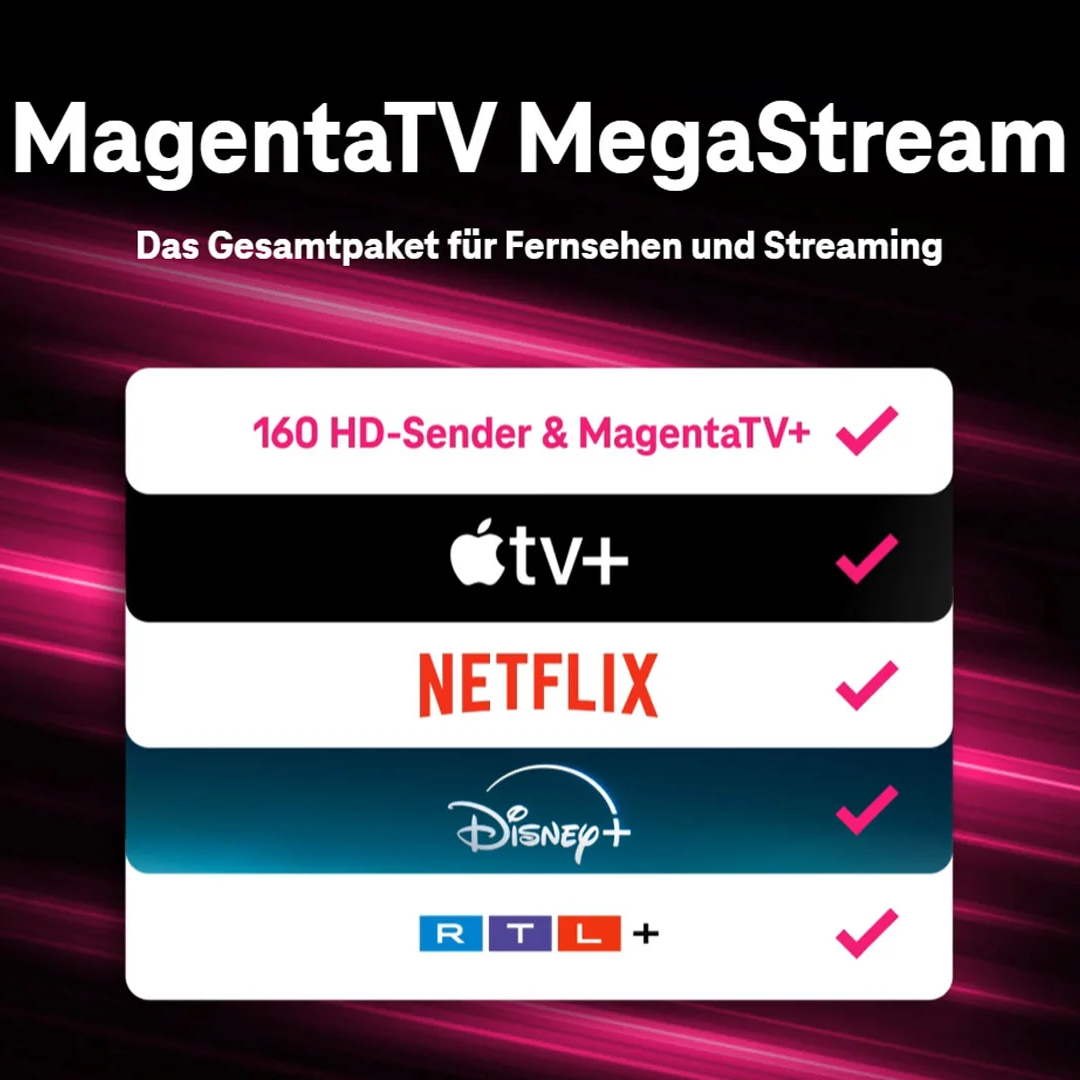 Telekom MagentaTV MegaStream für eff. 20€ mtl. I 60€ Cashback I 6 Monate 0€ I inkl. Apple TV+, Disney+, Netflix & RTL+ Premium