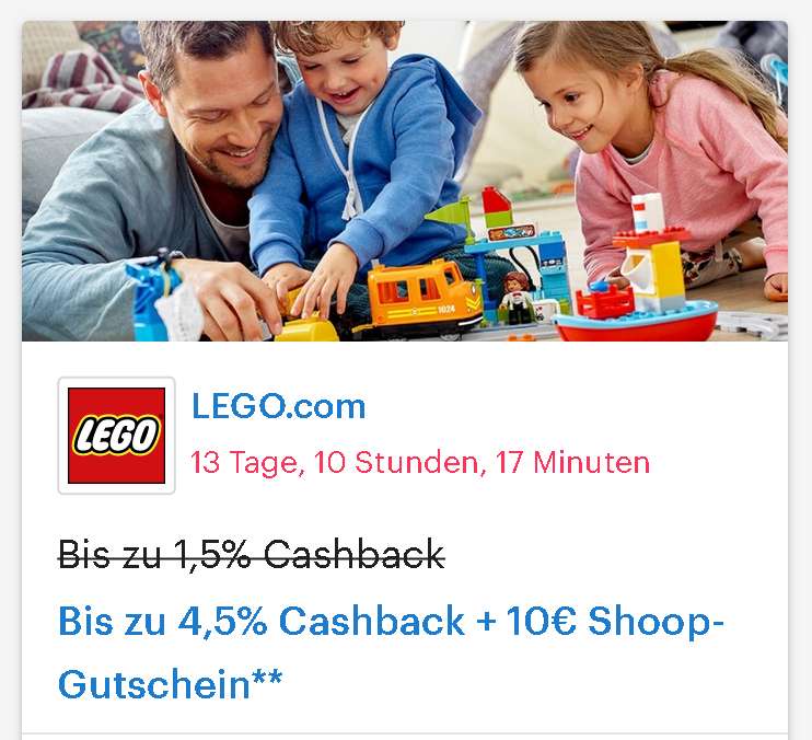 [LEGO + Shoop] Bis zu 4,5% Cashback + 10€ Shoop-Gutschein**