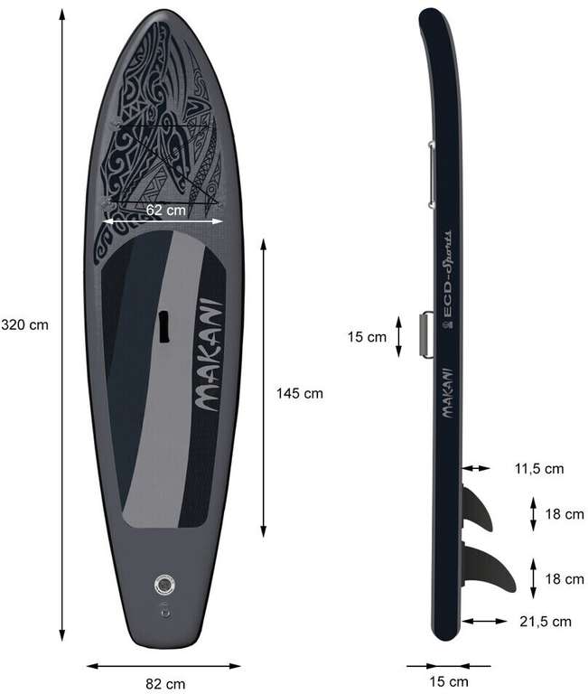 ECD-GERMANY Aufblasbares Stand Up Paddle Board, bis ca. 150kg, ca. 320x82x15 cm, Paddle Board aus PVC, Anti-Rutsch Belag aus EVA