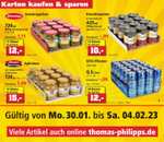 Kartonpreise bei Thomas Philipps: Rockstar Energy 41½ Ct., Sanpellegrino Limo 37 Ct., Efes Pils 50 Ct., Apfelmus, Tomaten & Gurken.