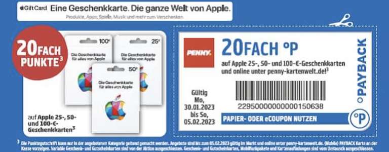 Payback / Penny 20fach Punkte auf Apple Giftcards vom 30.01. bis 05.02.23
