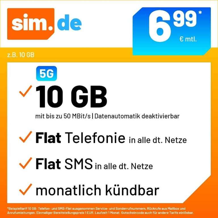 [sim.de / handyvertrag.de] 17 GB 5G LTE +Allnet +SMS-Flat +VoLTE&WLAN Call für 7,99€/ mtl kündbar / nur 7€ AG | 10GB - 6,99€ | 5GB - 4,99€
