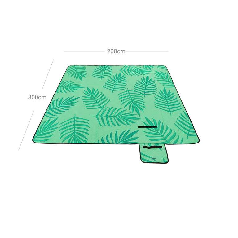 SONGMICS Picknickdecke grün mit tropischem Farn 300 x 200 cm (wasserdicht, maschinenwaschbar, faltbar)