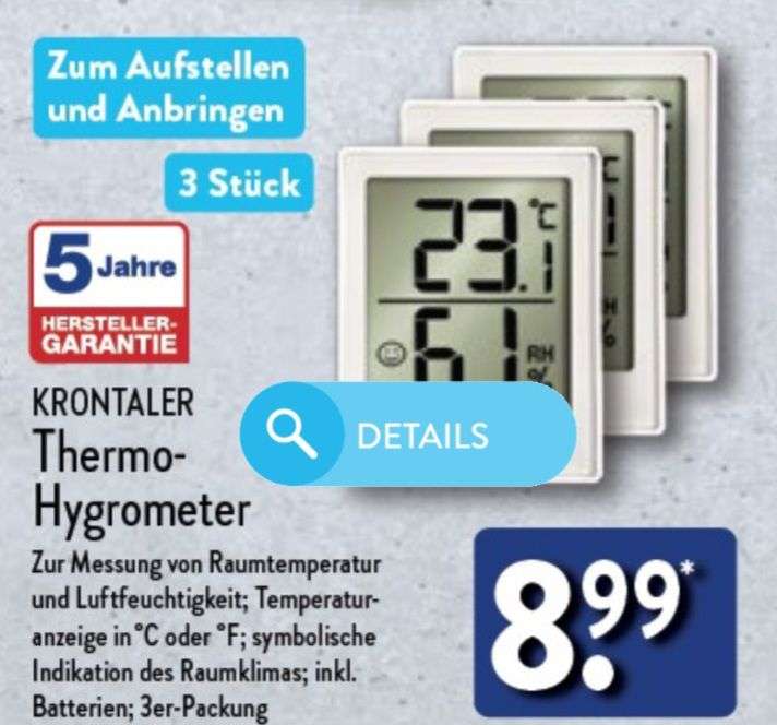 Aldi Nord ab 15.01. : 3er Set Thermo-Hygrometer von Krontaler, 5 Jahre Garantie, inkl. Batterien, magnetisch oder Wandmontage