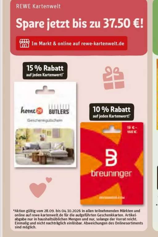 Guthabenkarten-Deals bei REWE: 10% Google Play, 8% Wunschgutschein Fashion, 15% Butlers/Home24