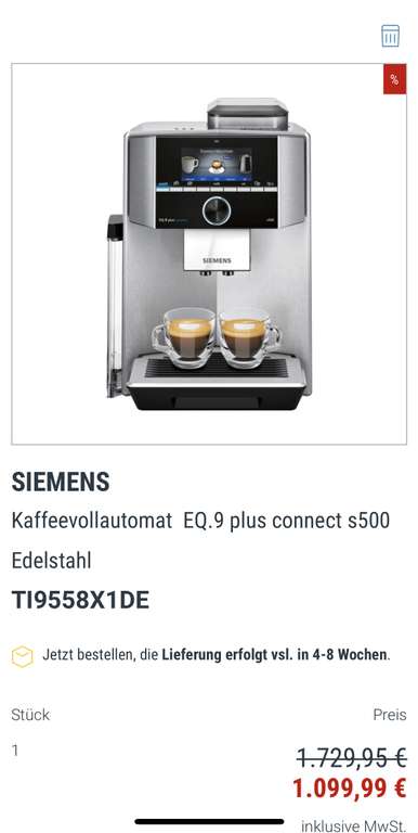 SIEMENS Kaffeevollautomat EQ.9 plus connect s500