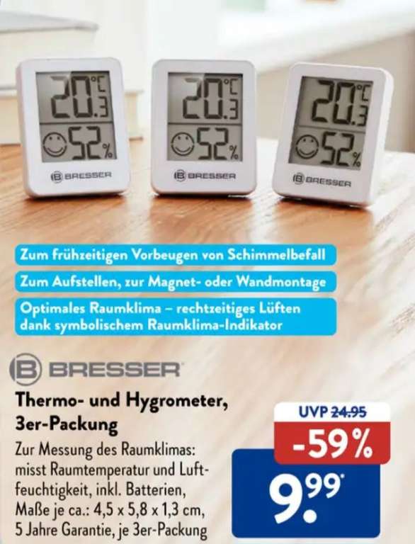 Aldi Süd: wiederholt ist das 3er Set von Bresser Thermometer/Hygrometer ab 25.01.24 im Angebot