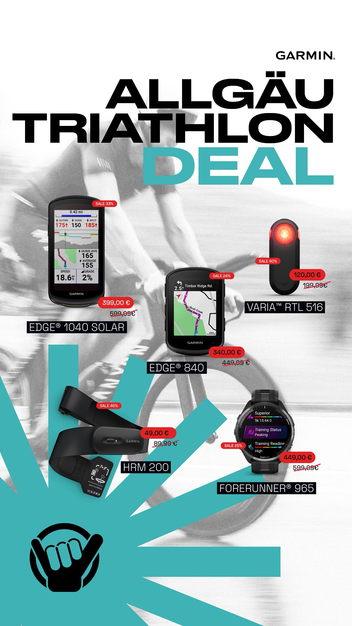 Garmin Deals zum Allgäu Triathlon: Edge 1040 Solar 399€, Forerunner 965 449€, Varia 120€ uvm.