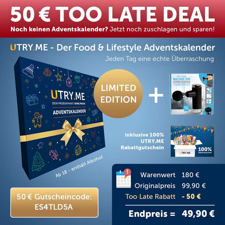 50 € Too Late Deal UTRY.ME - Der Food & Lifestyle Adventskalender Jeden Tag eine echte Überraschung