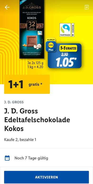 (Lidl plus) J.D. Gross Edelschokolade Kokos -personalisiert