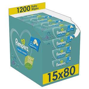 [Prime]Pampers Fresh Clean Feuchttücher 15 Packungen (15 x 80 Stück),1200 Feuchttücher