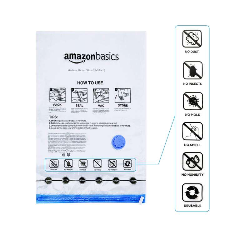 Amazon Basics Vakuumbeutel für Kleidung mit Luftdichtem Ventil und Handpumpe - Groß, 5er-Pack oder 6er-Pack, Reißverschluss (Prime)