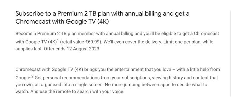 Chromecast mit Google TV (4K) mit Google One Premium 2 TB-Plan mit jährlicher Abrechnung