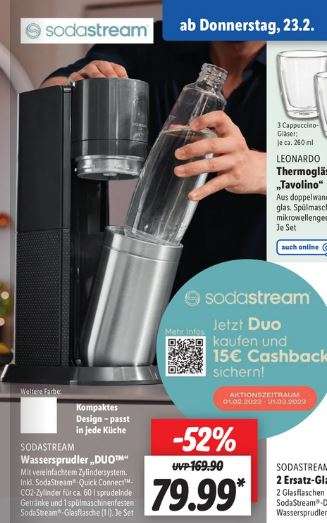ab 23.02. Sodastream DUO inkl. Glasflasche und Zylinder für 79,99€ (64,99€ durch Cashback) @LIDL
