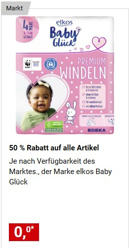 Marktkauf/Edeka - 50 % Rabatt auf alle Artikel der Marke elkos Baby Glück (z.B. Windeln Größe 4 für 2,67 €) + G&G Tomatenmark gratis per App