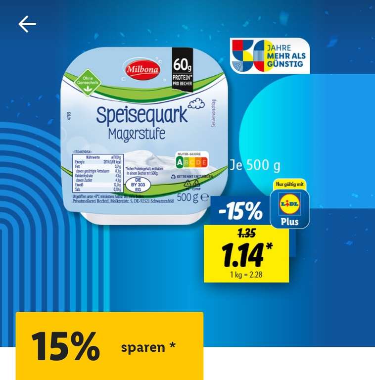 [Lidl] Milbona Speisequark Magerstufe 1,14 € je 500 g (App Coupon aktivieren)