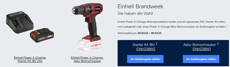 Einhell – GRATIS 2,0 Ah Starter-Kit (84,95 € UVP) ODER Akku-Bohrschrauber (37,95 € UVP) beim Kauf eines Solo-Gerätes