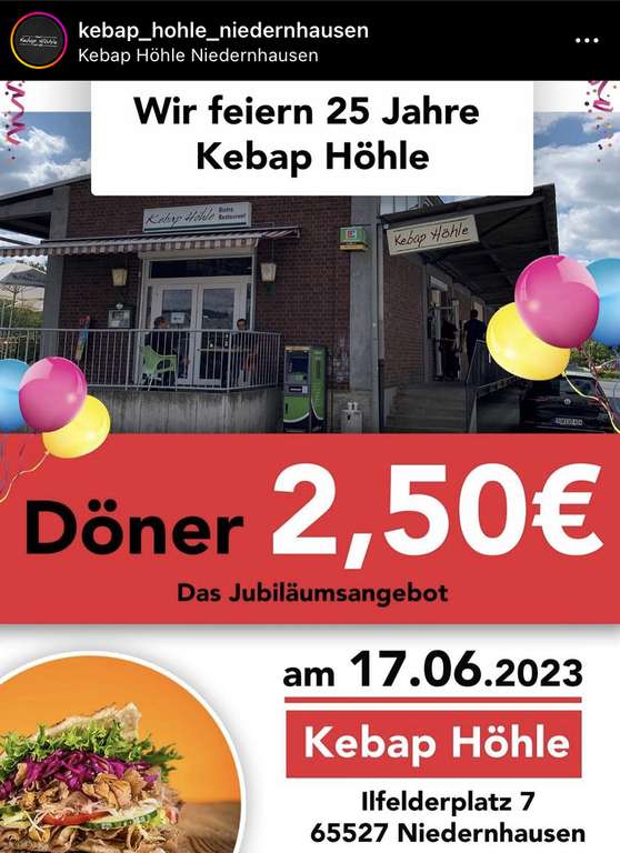 [LOKAL] Niedernhausen: Döner für 2,50€ – Jubiläumsangebot „25 Jahre Kebap Höhle“