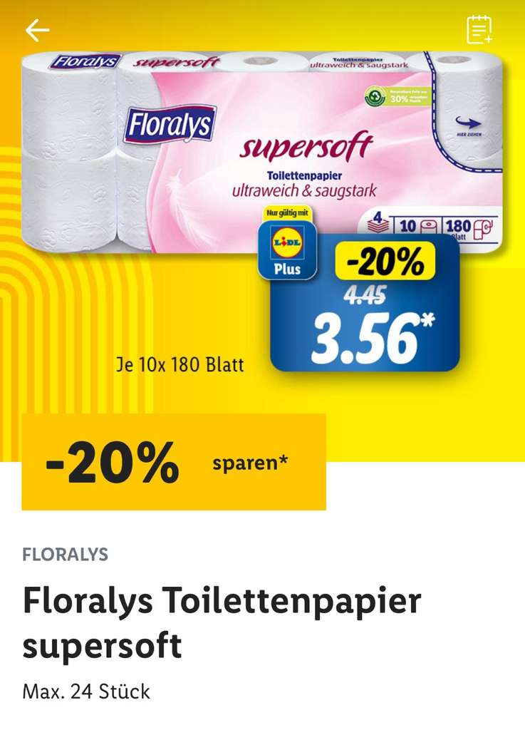 [Lidl+] (ggf. Floralys 4-lagig Supersoft Premium mydealz | Toilettenpapier, personalisiert)