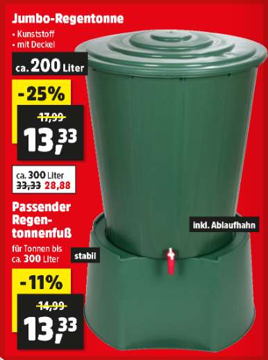 Regentonne 200L inkl. Deckel für 13,33€ bei Thomas Philipps