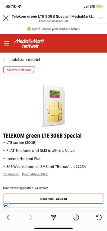 30GB Telekom LTE für effektive 10.83! (inkl. 450€ Geschenk Coupon)