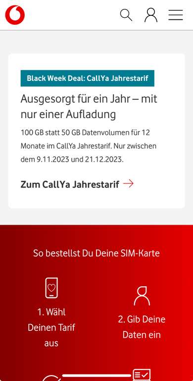 Vodafone Callya Prepaid Jahrestarif 100GB/Jahr, Allnet/SMS Flat, 2400 Minuten/SMS von DE ins EU Ausland, 500Mbits, 5G, esim