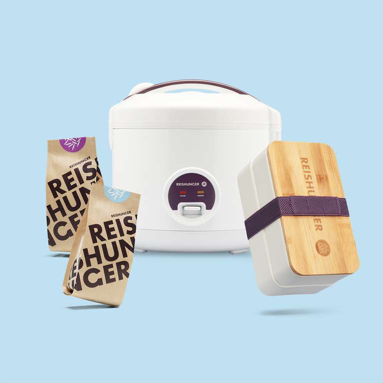 [Reishunger] Basis Reiskocher mit Keramikinnentopf in Weiß + GRATIS Sushi Reis (200g) + GRATIS Jasmin Reis (200g) + GRATIS Bento Box