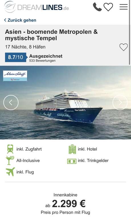 Dreamlines TUI Cruises Mein Schiff 5 Asien Kreuzfahrt Singapur bis Hongkong