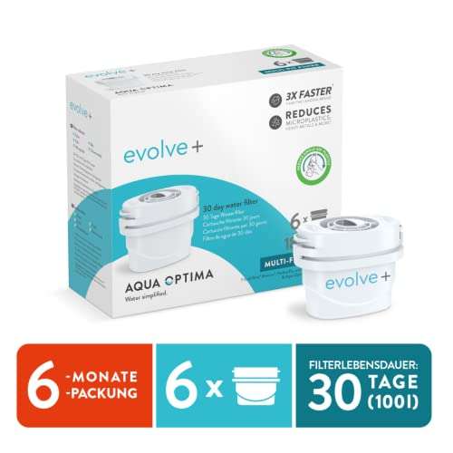 [Prime] Aqua Optima Wasserfilterkartusche, Evolve+ 6er Pack, kompatibel mit Brita Maxtra+ & PerfectFit, 5-stufiges Filtersystem
