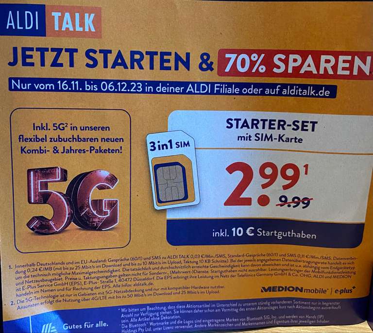Aldi Talk Starter Set 2,99€ ink 10€ Guthaben 16.11-06.12
