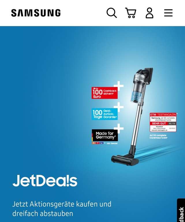[Samsung Jet Deals] Bis 100€ Cashback für Samsung Jet 75/90 Akku Staubsauger + bis zu 12 Monate RTL+ gratis