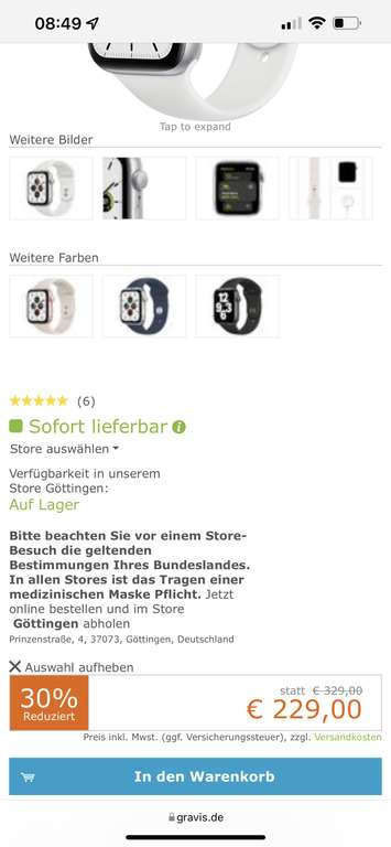 Apple Watch SE 44 mm, Aluminium silber, Sportarmband weiß (Lokal Göttingen)