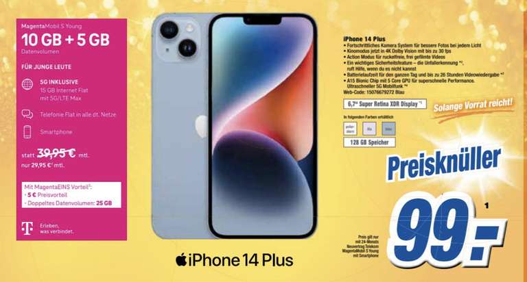 [Lokal] iPhone 14 128gb Plus - Magenta Mobil S Young 15GB