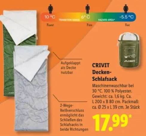Decken-Schlafsack CRIVIT  200x80cm, 10/6/ -5,5C, 17,99 at Lidl