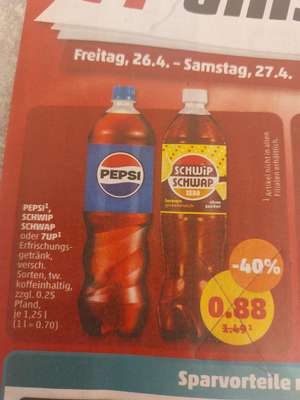 Bei Penny gibt es vom 26-27.04 Pepsi, Pepsi Zero, Schwip Schwap und 7up für 5,28€/Sixpack, 0,88€/Flasche oder 0,70€/Liter