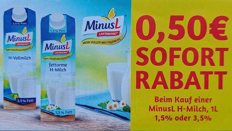 [HIT] MinusL H-Milch 3,5%/1,5% Fettgehalt je 1L-Packung für 0,69 € (Angebot + Coupon)