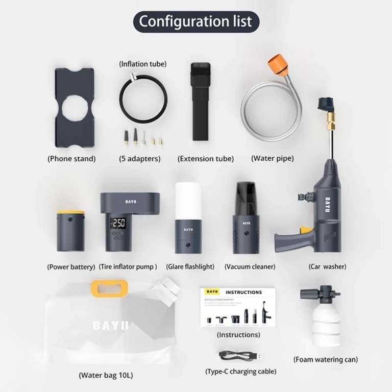 BAYU Auto Smart Car Care Kit & Modulares Autopflege-Set (Hochdruckreiniger, Luftpumpe, Staubsauger, Taschenlampe, Handy-Ladegerät)