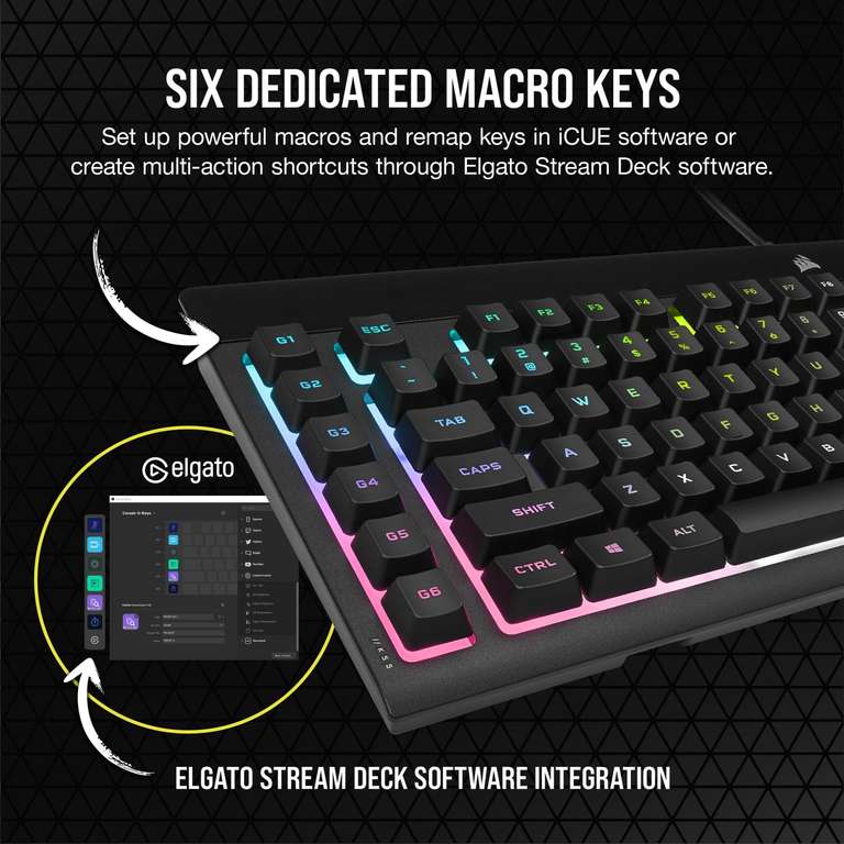 Corsair K55 RGB PRO XT Gaming-Tastatur (Rubberdome, 6 Makro-Tasten, RGB-Einzeltastenbeleuchtung, Handballenauflage, 1.8m USB-Kabel, IP42)