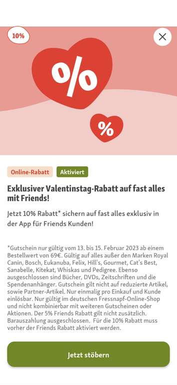 Valentinstag Rabatt bei Fressnapf 10% 69€ MBW