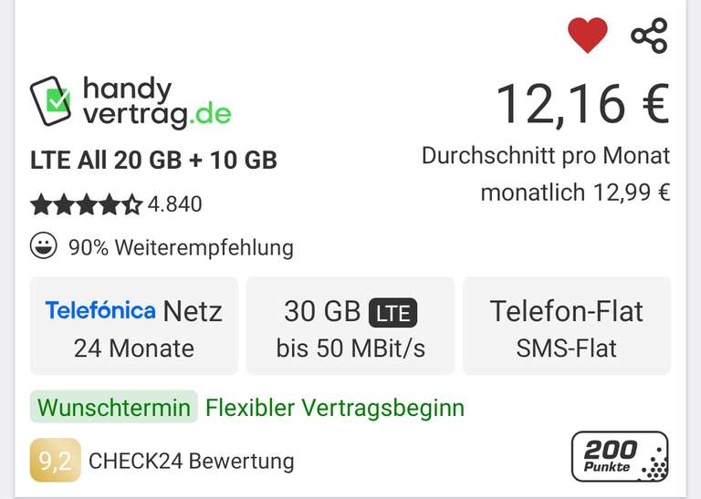 Handytarif im Telefónica Netz mit 30 GB LTE, Telefon-Flat und 24 Monate Laufzeit für 12,99€ im Monat