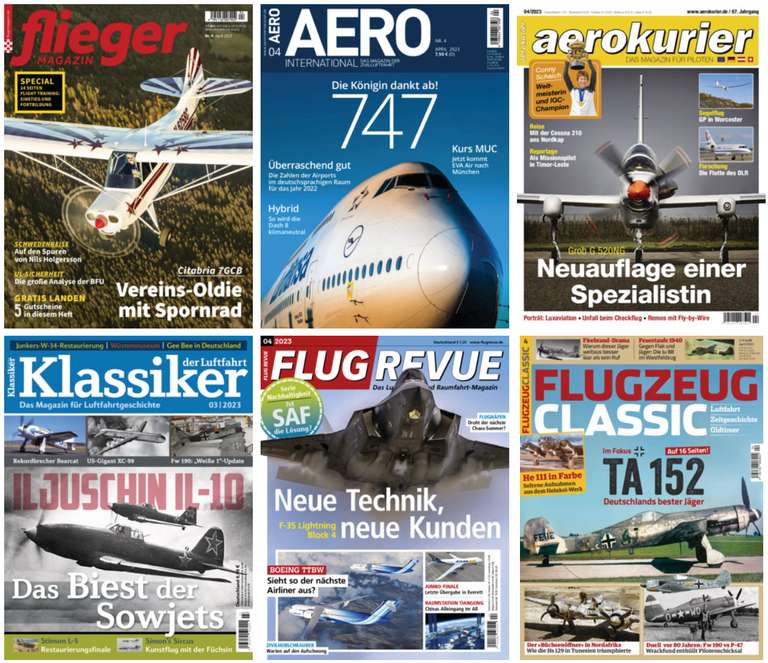 6 Flugzeugmagazin Abos: Klassiker d. Luftfahrt für 55,20€ + 40€ Amazon| FlugRevue Abo für 86,40€ + 60€ Amazon| aerokurier für 90€ + 60€ Ama.