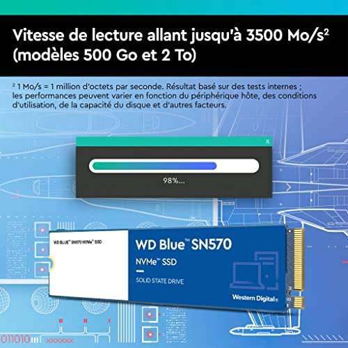 WD_BLUE SN570 1TB M.2 2280 PCIe Gen3 NVMe up to 3500 MB/s read speed - 38,73€ - Amazon France
