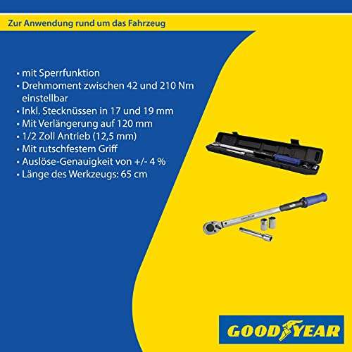 Goodyear Premium Drehmomentschlüssel, Einstellbar von 42 bis 210 Nm, Antrieb 1/2" und Stecknüsse 17 mm und 19 mm, PRIME