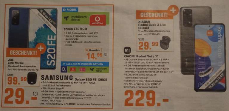 [Saturn] Technik+Geschenk Smartphones / Smartwatches Xiaomi Redmi Note 11 + Buds Lite 3 Headphones 22.02.-08.03.