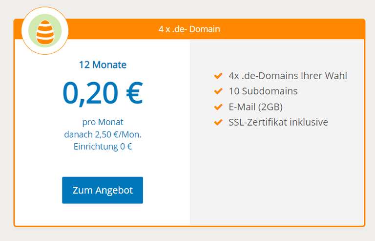 4x .de Domain für 0,20 € pro Monat (Aktionspreis läuft über 12 Monate)